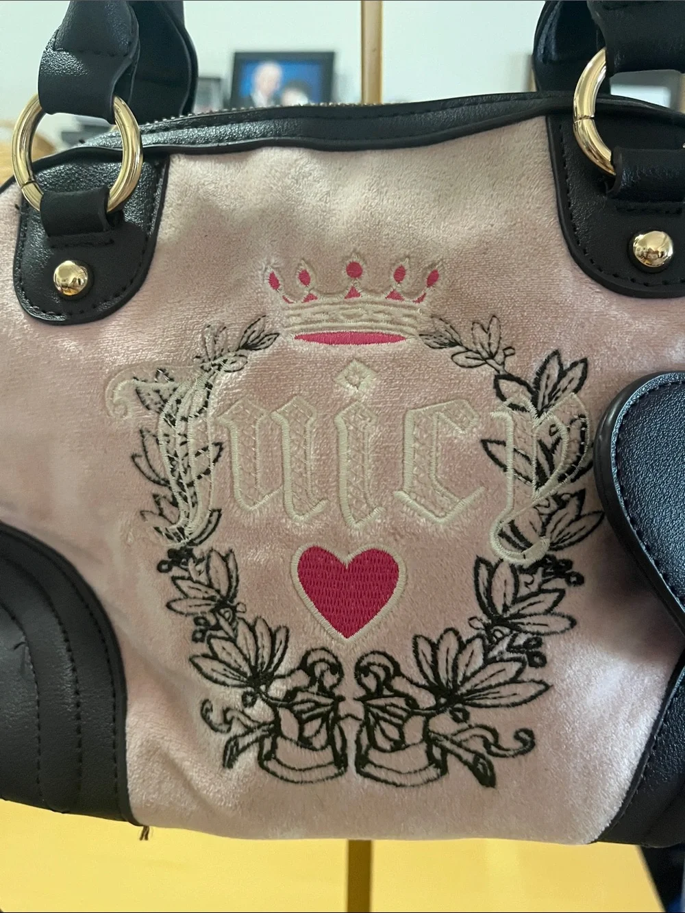 Juicy Couture Pink Suede & Black Leather Heart Charm Satchel